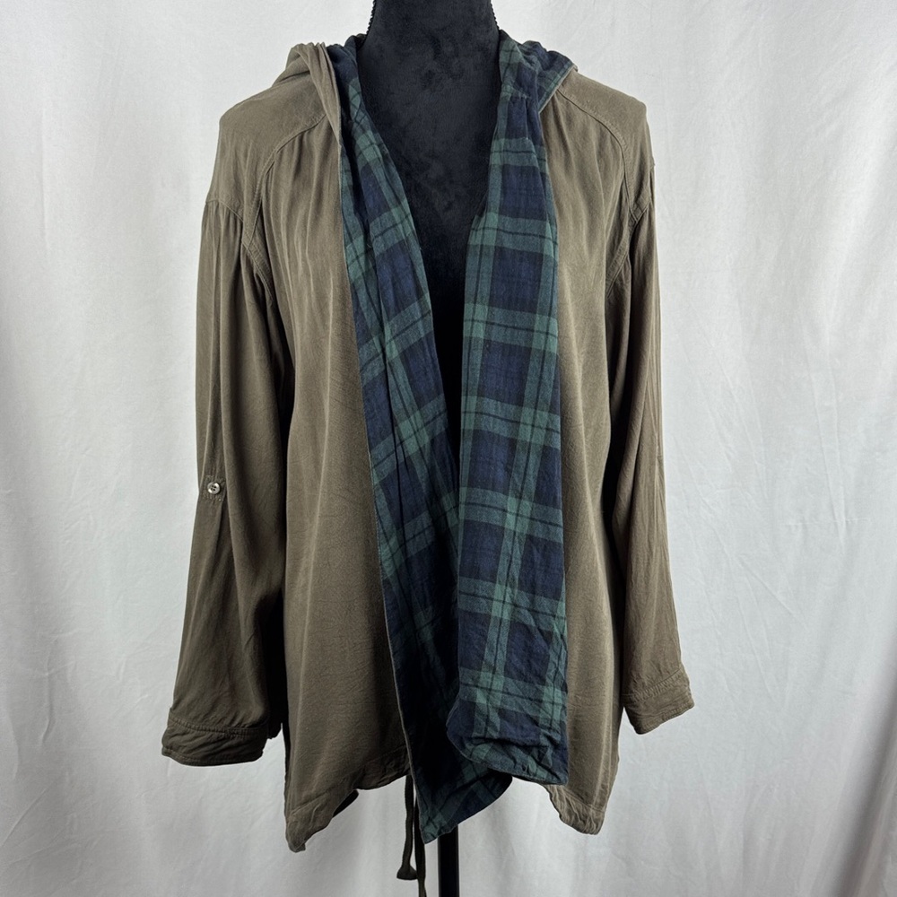 BY TOGETHER Plaid Lined Hooded Jacket with Lace Up Detail on Back - Picture 2 of 6